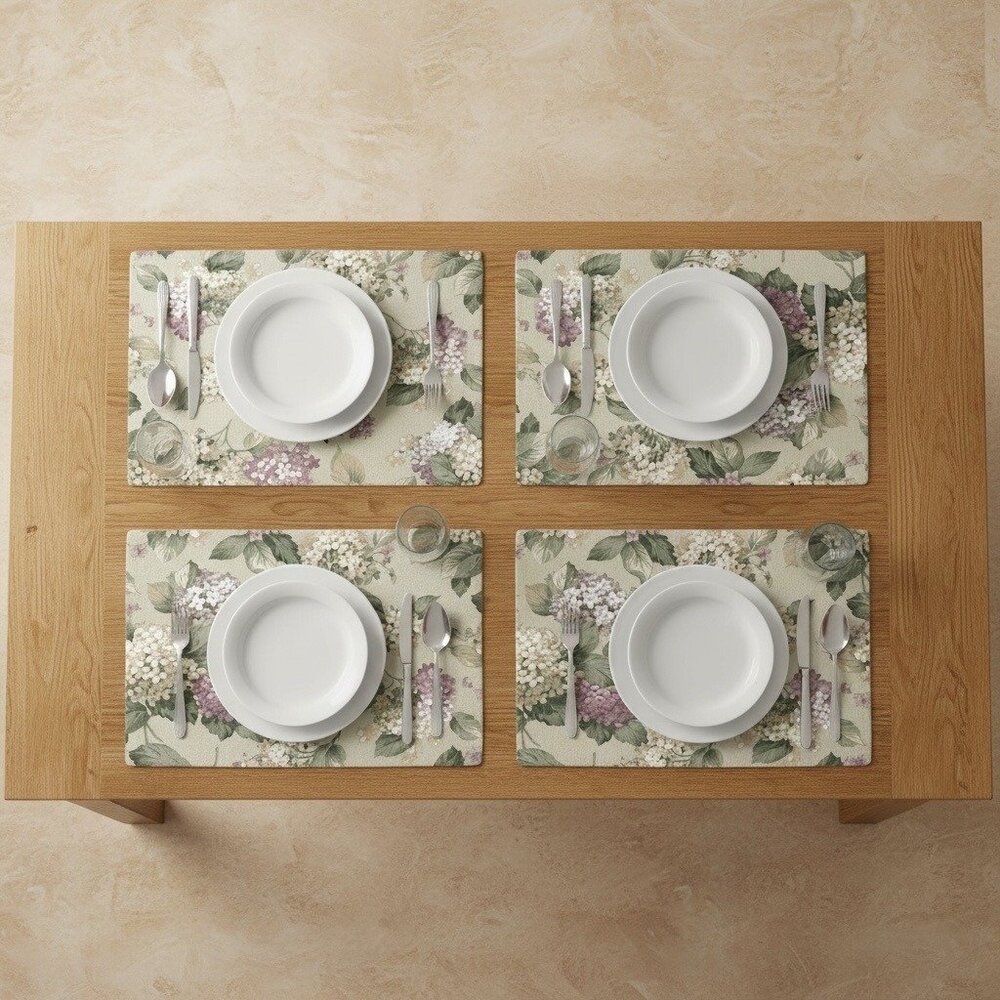 Set Of 4 Hydrangea Print Placemats 18" X 13" Cotton Blend Reversible With Stripe